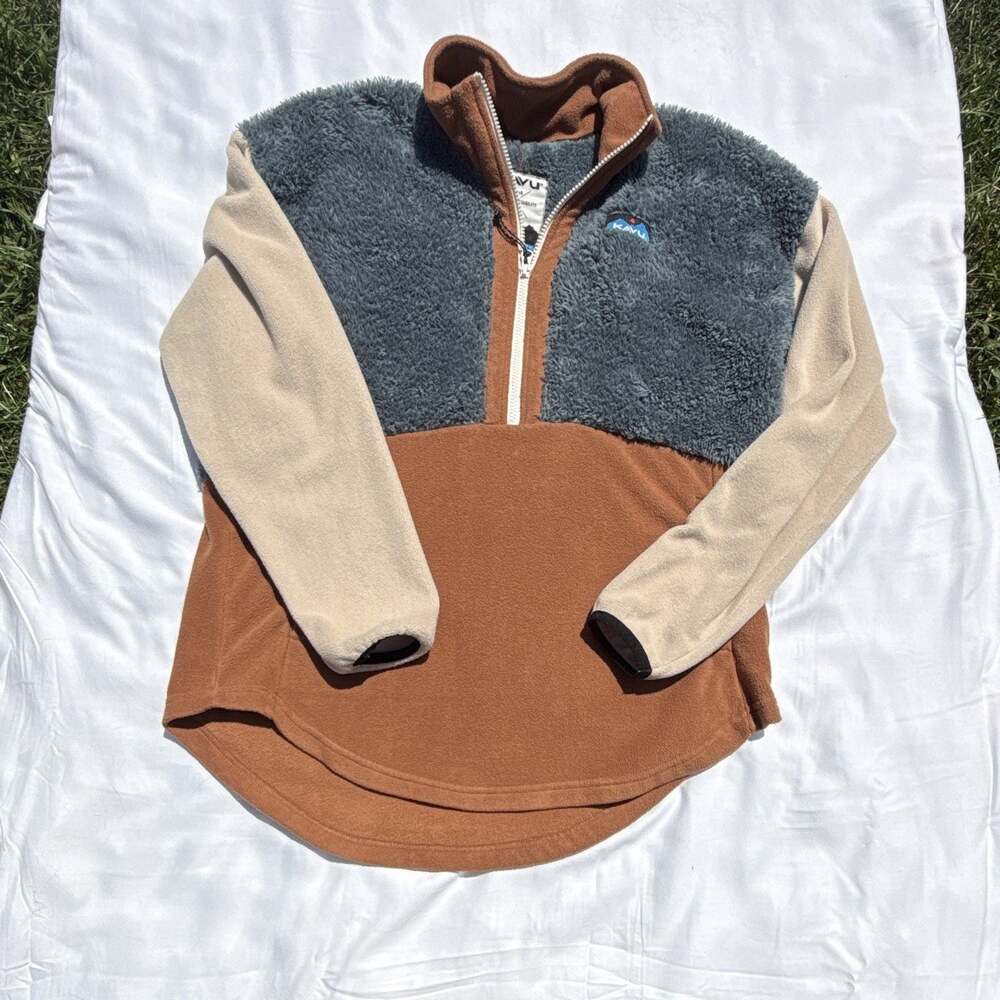 KAVU Men’s L Colorblock Sherpa Fleece 1/4 Zip Pullover Brown Gray Tan Gorpcore